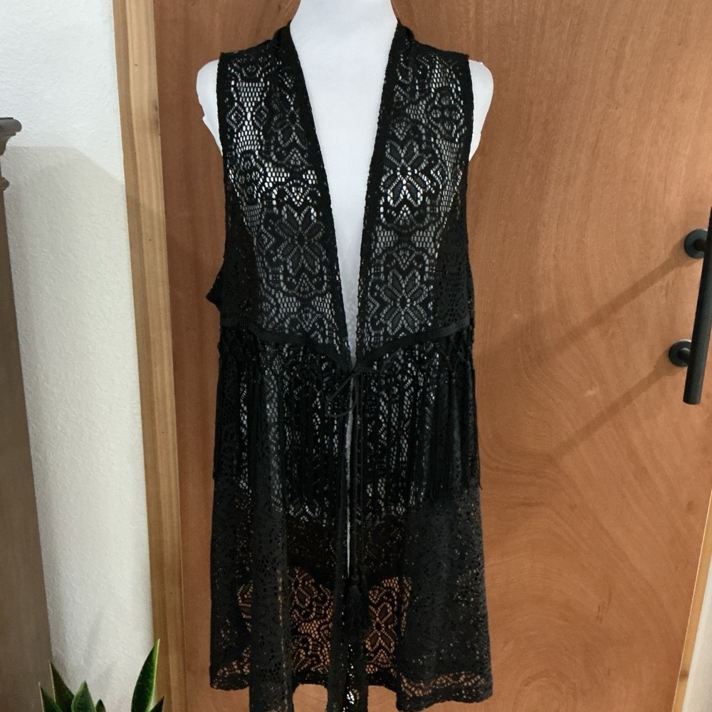 Black Lace Fringe Long Vest Boho Festival Duster Whimsygoth Oversized Med. Plus - Picture 5 of 13